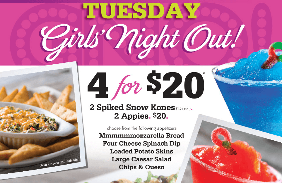 Kelsey's Canada Tuesday Girls' Night Out 2 Spiked Snow Kones and 2 Appies for 20 Canadian