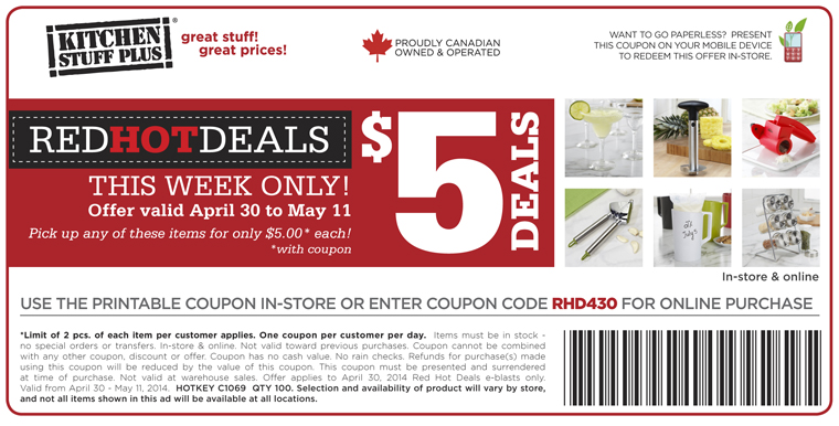 Kitchen Stuff Plus Canada Coupons Promotions: Red Hot $5 Deals this