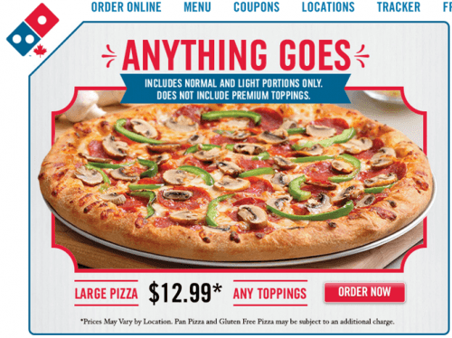 Domino’s Pizza Coupons Get Any Large Pizza With Any Toppings For 12.
