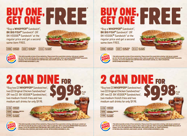 Burger King Canada New Printable Coupons Buy One Get One Free and 2