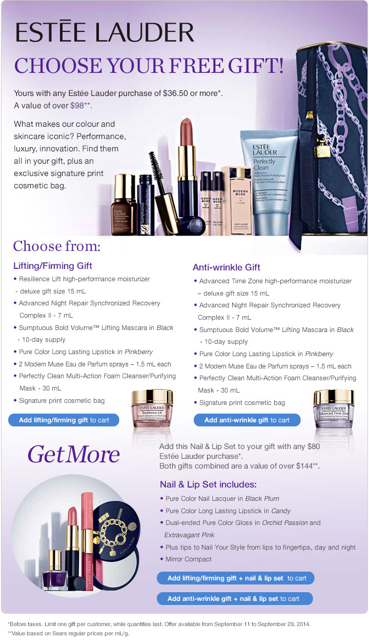 Sears Canada Free Gift With Purchase Choose From Estee Lauder Lifting Firming Or Anti Wrinkle Of 36 50 More