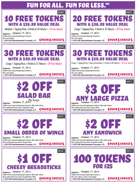 Chuck E. Cheese’s New Printable Coupons: Save on Food, Tokens and More ...