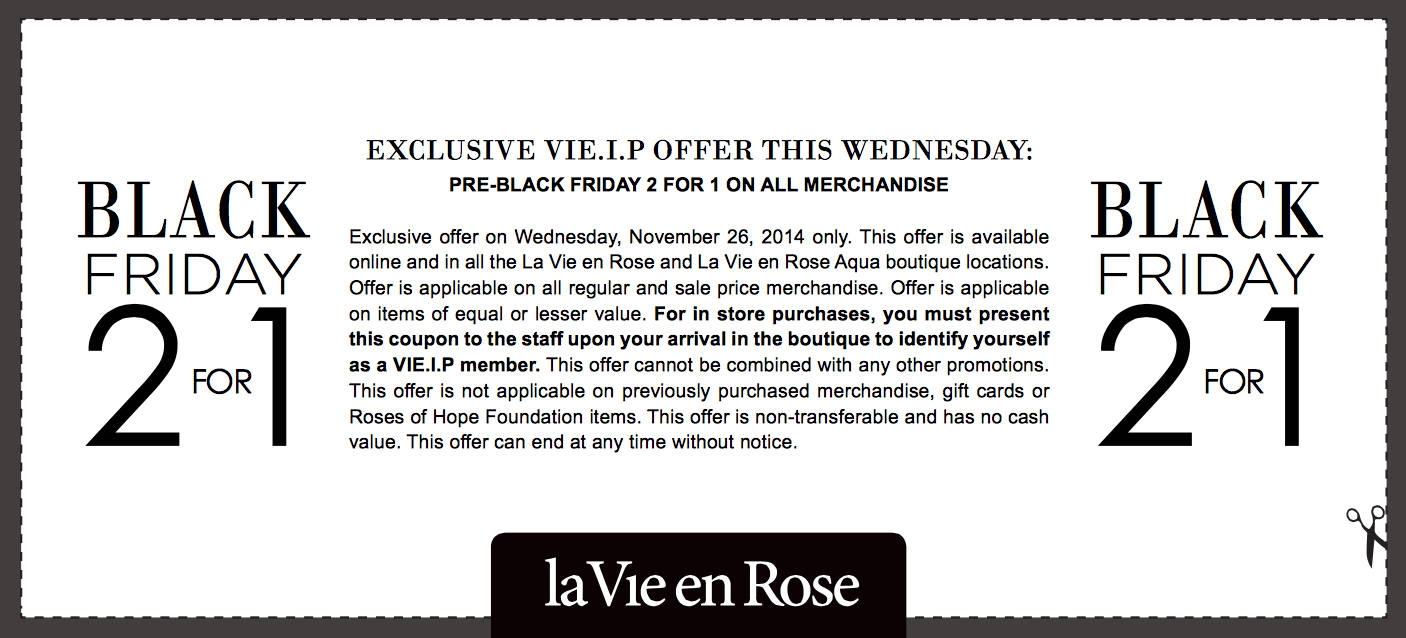 La Vie en Rose Canada Black Friday Pre Sale 2 For 1 on ALL Merchandise