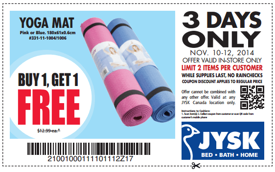 JYSK Canada New Coupons Buy 1 Get 1 Free Yoga Mat and Church Candles Canadian Freebies