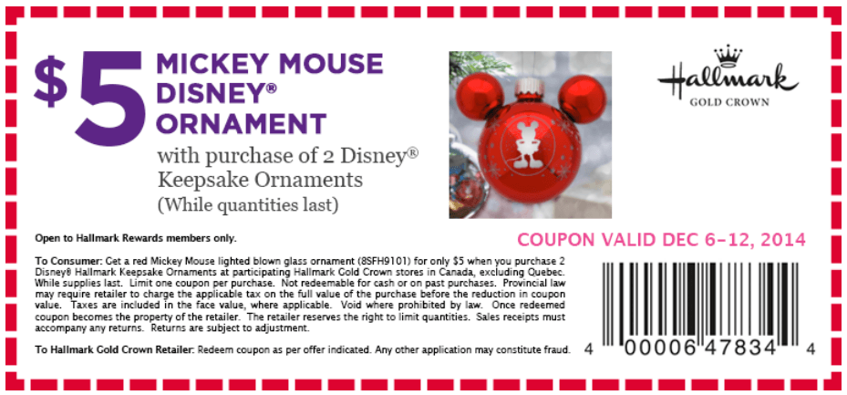 New Hallmark Canada Printable Coupon Get Mickey Mouse Disney Ornaments