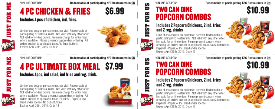 KFC Canada Downloadable Coupons: Two Can Dine Combos Starting as Low as ...