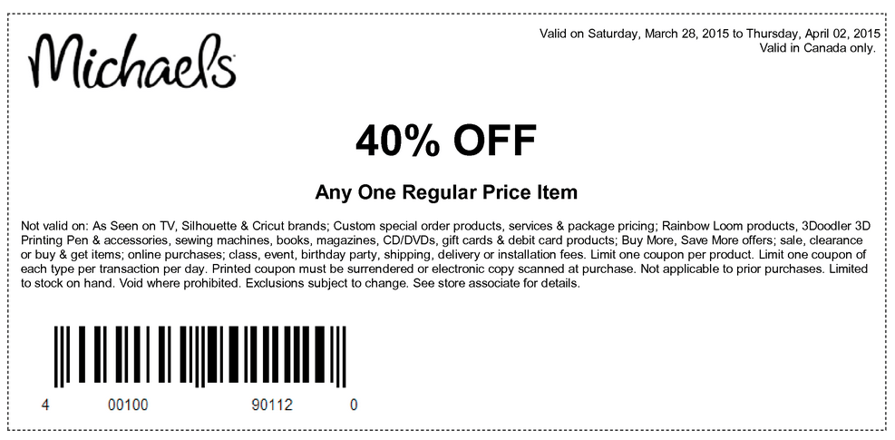 Michaels Arts and Crafts Canada Coupons: 40% Off 1 Full Priced Item, 30 ...