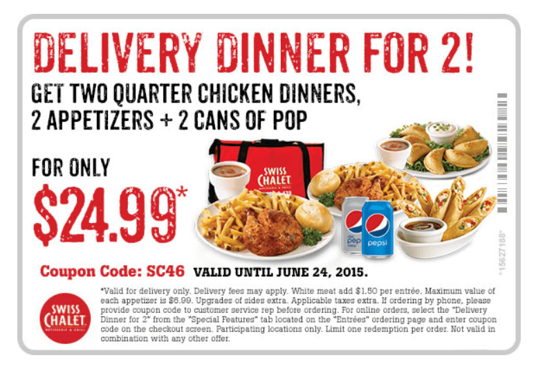 Swiss Chalet Canada Coupon 24.99 Delivery Dinner for 2 Canadian