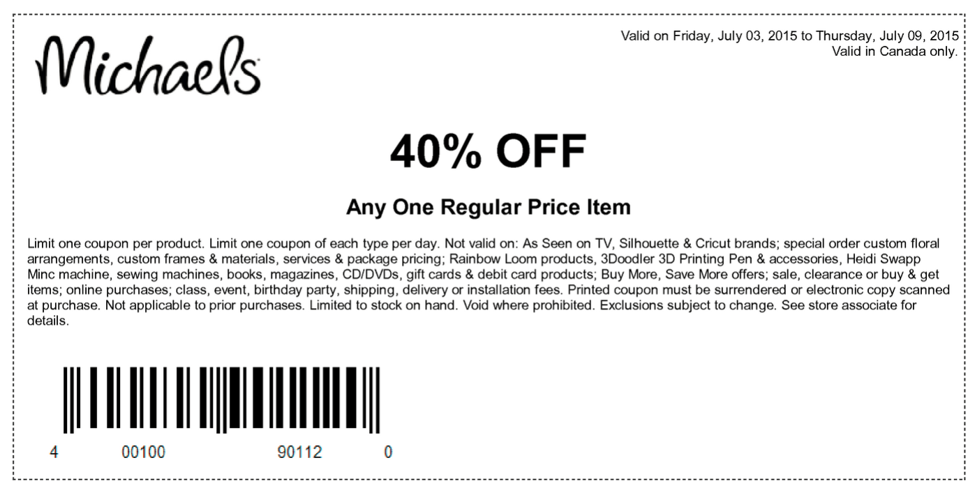Michaels Arts and Crafts Canada Coupons Save 40 Off Any 1 Regular