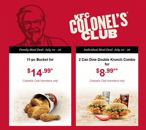 KFC Canada Colonel’s Club Deals: 2 Can Dine Double Crunch Combo for $8. ...