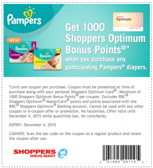 Shoppers Drug Mart Canada Pampers' Coupons Get 1000 Shoppers Optimum Bonus Points when You