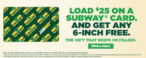 Subway Holiday Free 6 Inch Sub When You Buy Gift Card