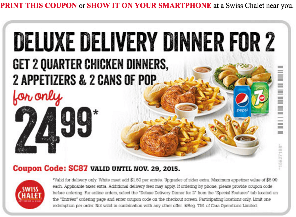 Swiss Chalet Canada Coupons 24.99 For Deluxe Delivery Dinner For 2