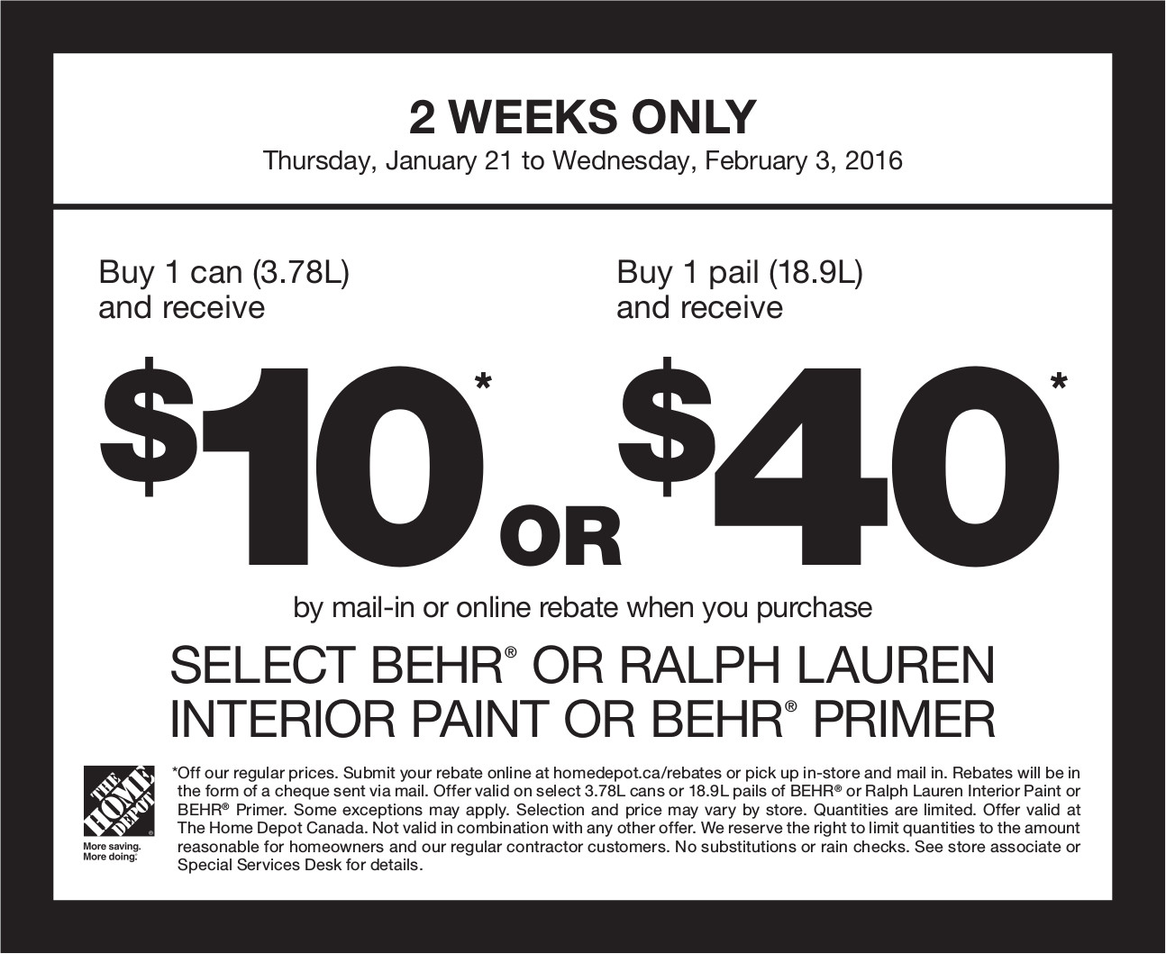 Home Depot Canada Paint Rebate Offer Buy 1 Can 3 78L And Receive 10 