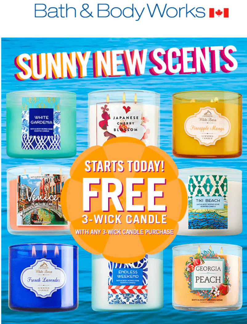 Bath & Body Works Canada Offers Get FREE 3Wick Candle With Any 3Wick