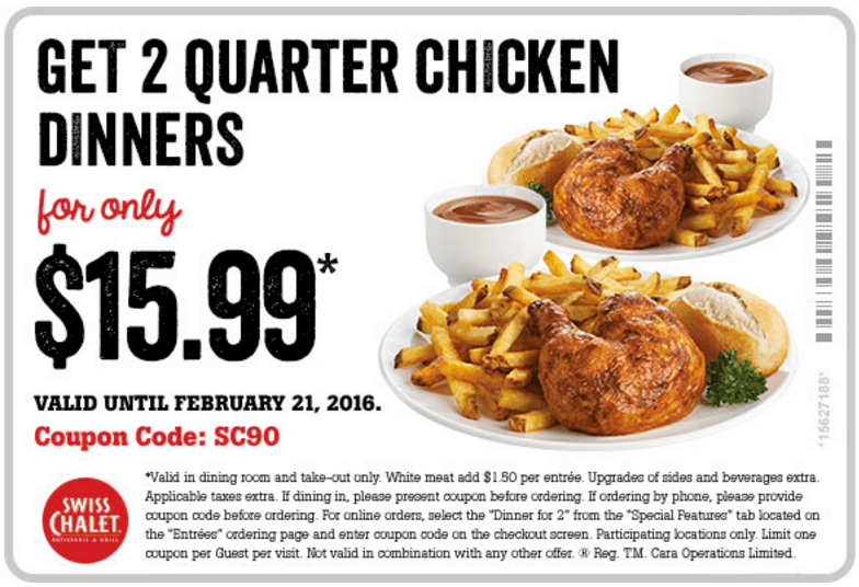 Swiss Chalet Canada Coupons Get 2 Quarter Chicken Dinners For 15.99