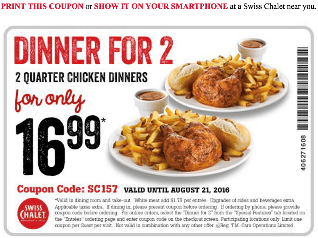 Swiss Chalet Canada Coupons Dinner For 2 2 Quarter Chicken Dinners