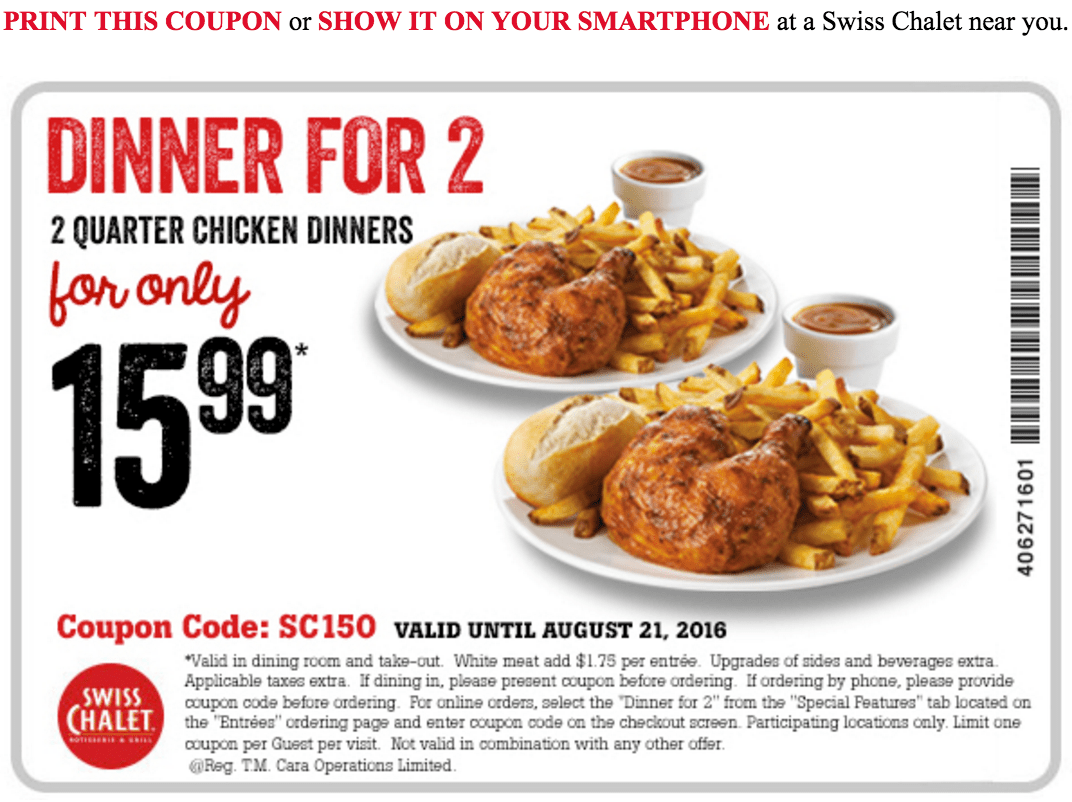 Swiss Chalet Canada Coupons: Dinner For 2, 2 Quarter Chicken Dinners ...
