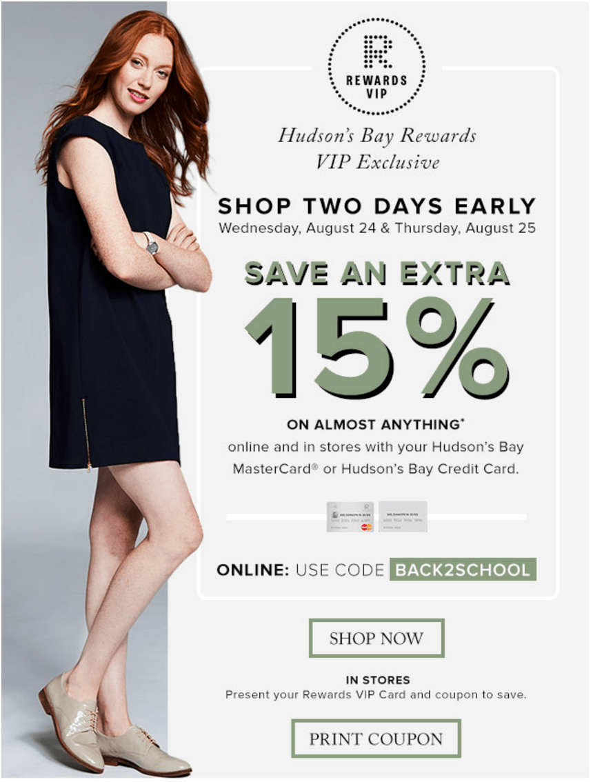 Hudson's Bay Canada Rewards VIP Exclusive Promo Code Save an Extra 15