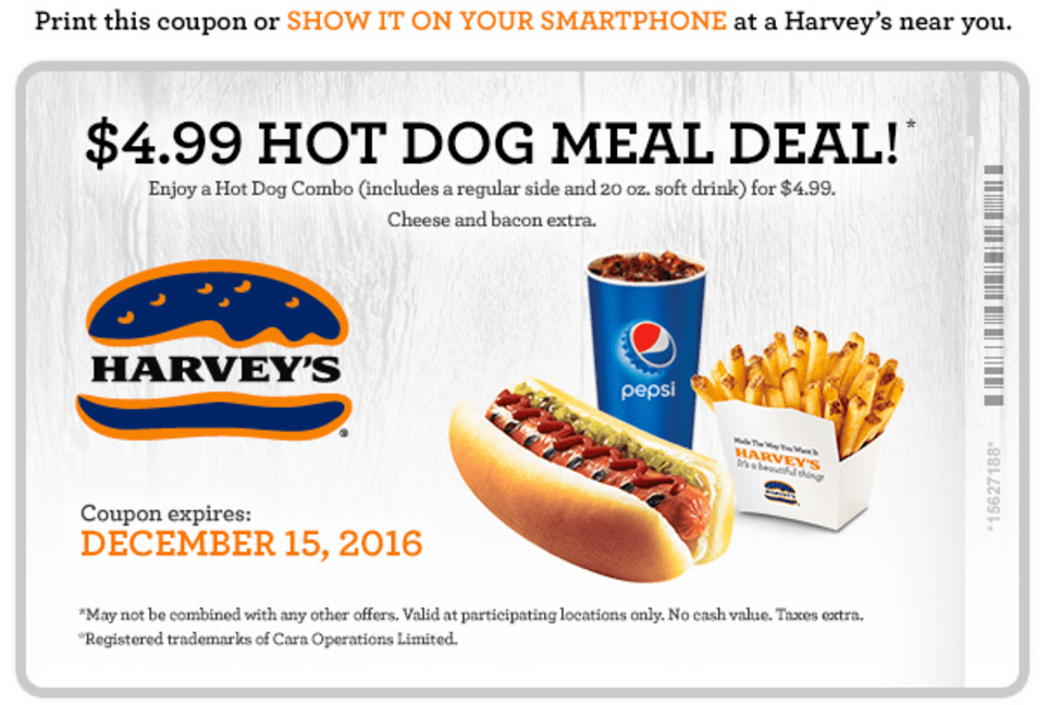 Harvey s Canada Coupon Deals: $4 99 Hot Dog Meal Deal Canadian