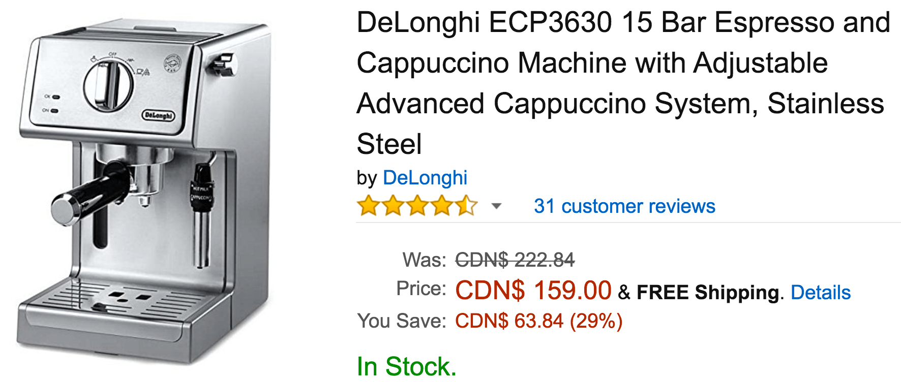 Amazon Canada Deals Save 29 on DeLonghi 15 Bar Espresso and