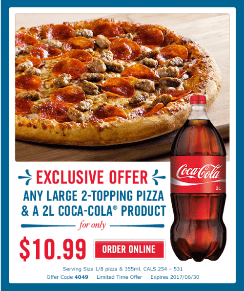Domino's Pizza Canada Offers Any Large 2 Topping Pizza & a 2L Coca