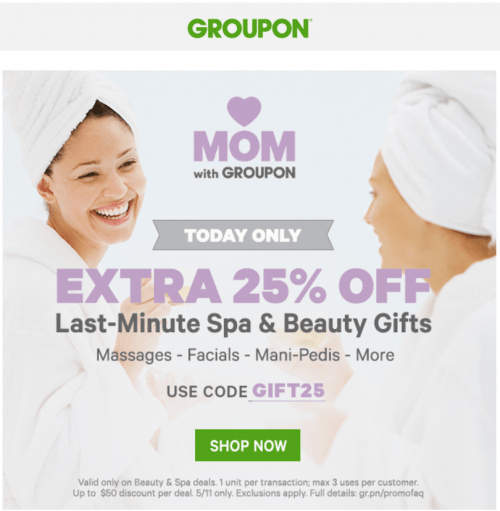 Groupon Canada Mother's Day Last Minute Spa & Beauty Gifts Sale Save
