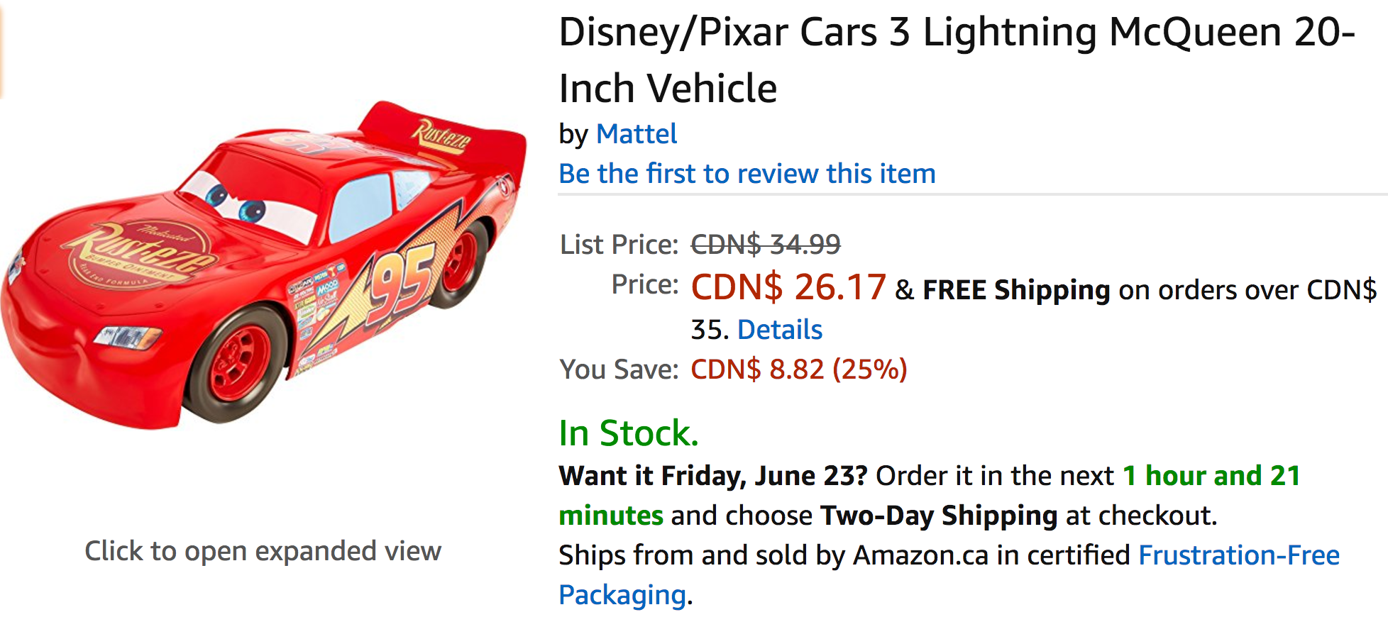 Disney / Pixar Cars 3 Lightning McQueen 20-Inch Vehicle