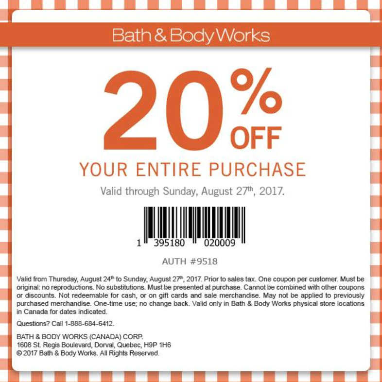 Bath & Body Works Canada Coupon Save 20 off Your Entire Purchase