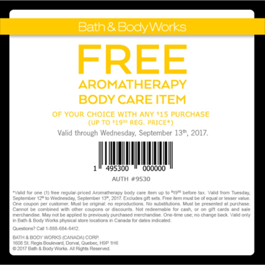 Bath & Body Works Canada Coupon FREE Aromatherapy Body Care Item with