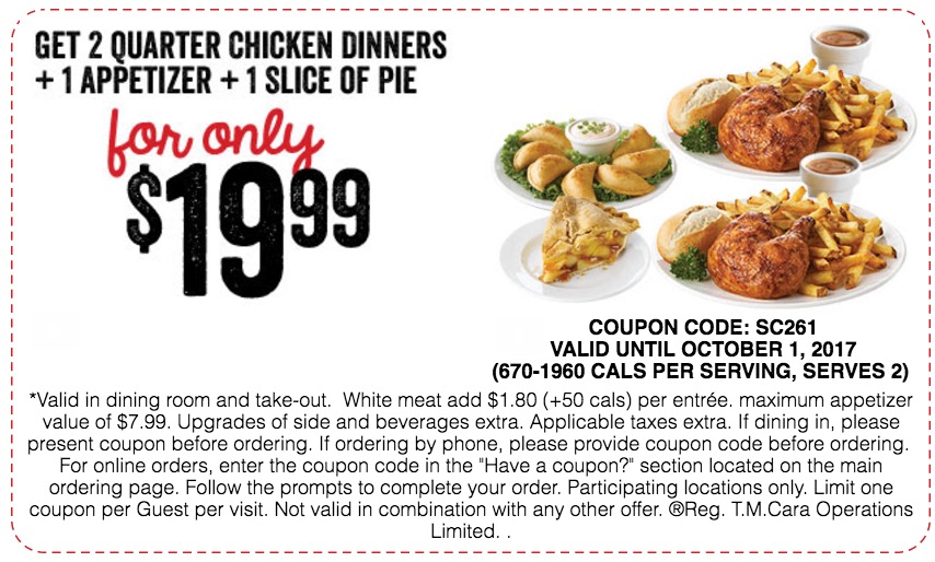 Swiss Chalet Canada Coupons 2 Quarter Chicken Dinners for 15.99