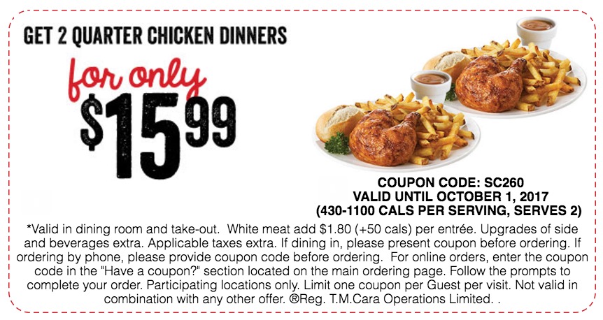 Swiss Chalet Canada Coupons 2 Quarter Chicken Dinners for 15.99