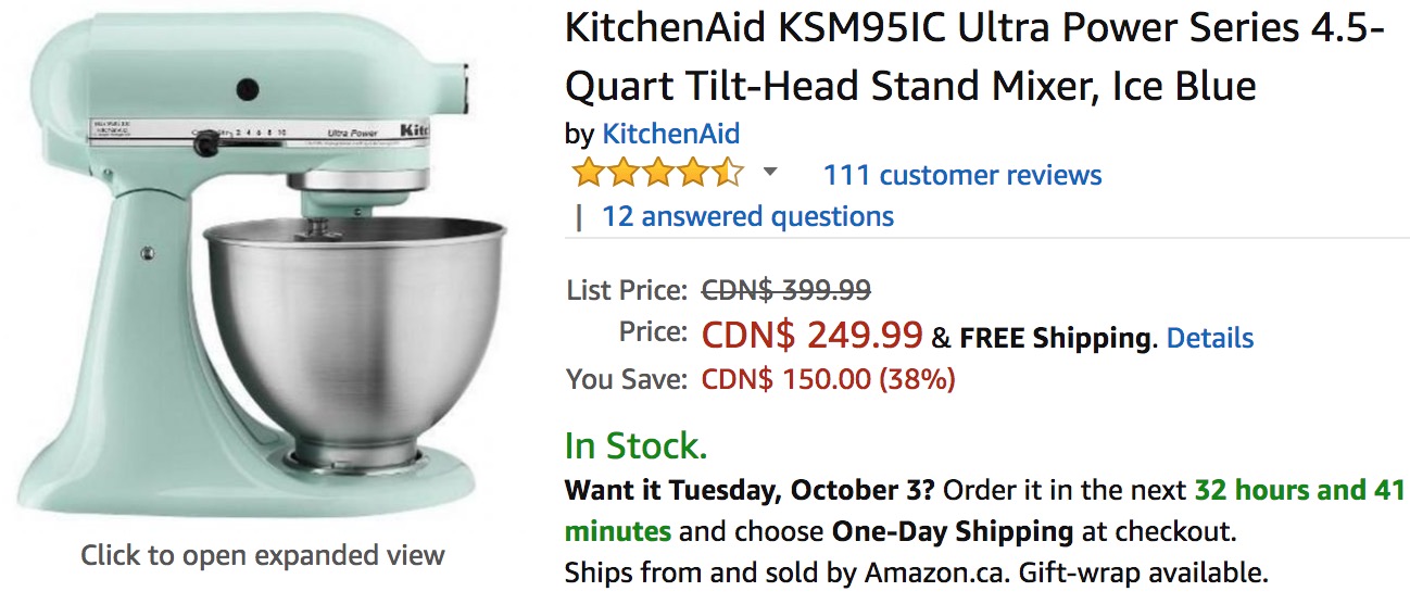 Kitchen Aid KSM95IC 4.5 Quart Ultra Power Tilt Head Stand Mixer