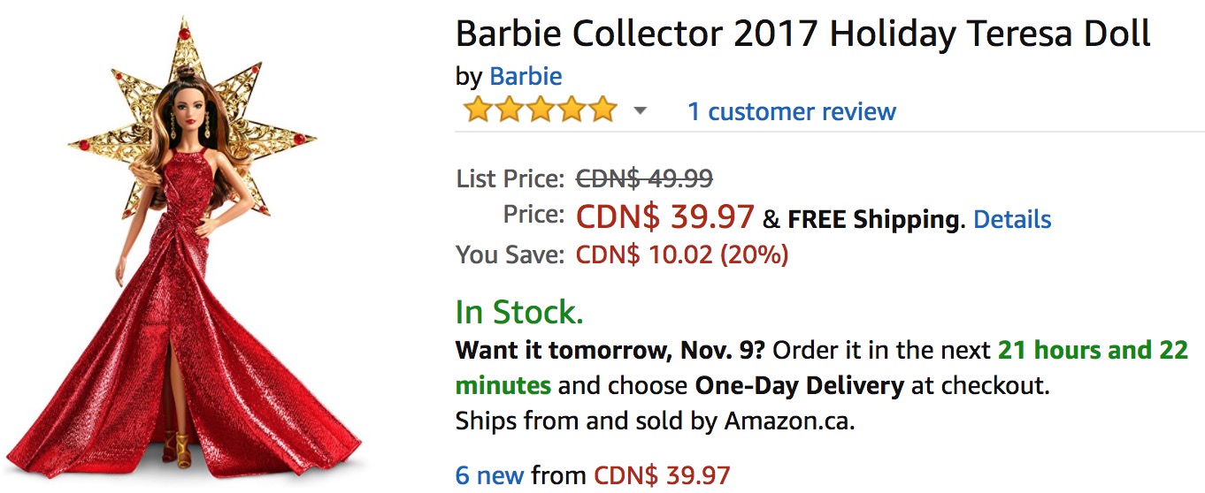 Amazon Canada Deals Save 20 On Barbie Collector 2017 Holiday Teresa 