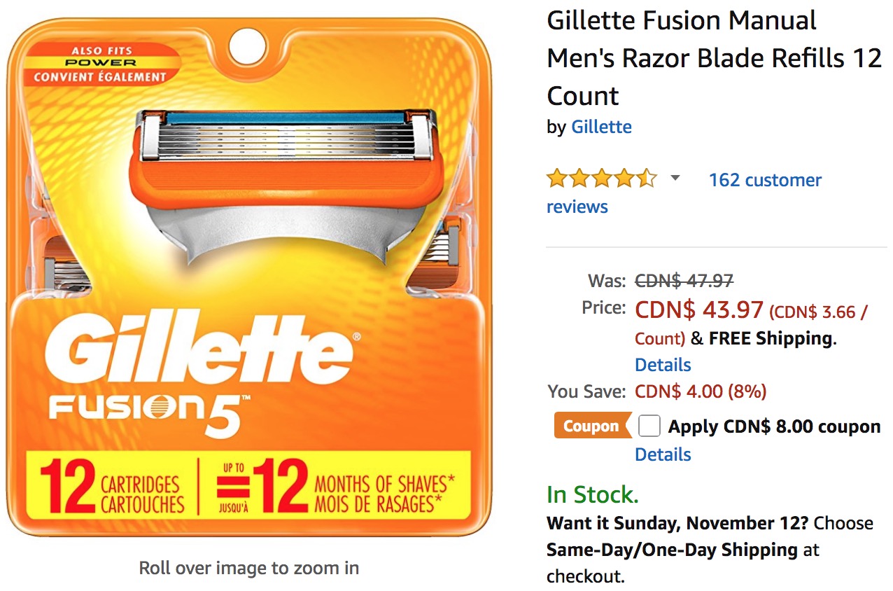 Amazon Canada Deals 35.97 for Gillette Fusion Manual Men's Razor