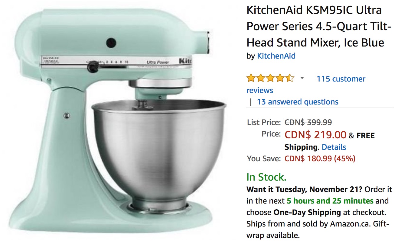 Kitchen Aid KSM95IC 4.5 Quart Ultra Power Tilt Head Stand Mixer