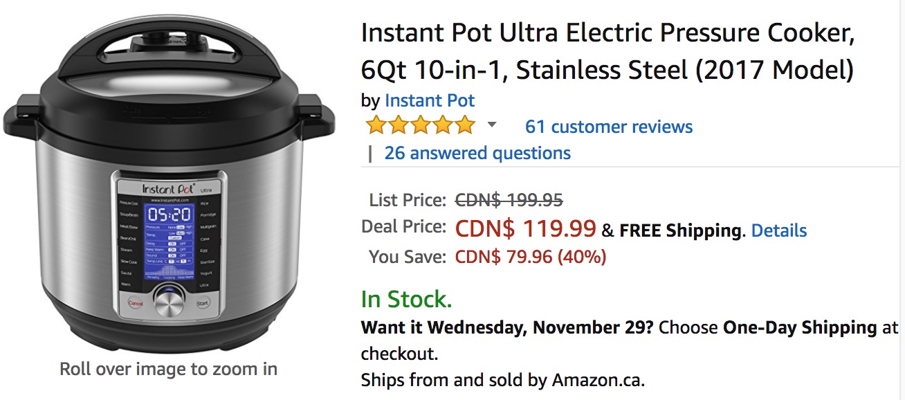 Amazon Canada Cyber Monday Sale: Save 40% on Instant Pot Ultra Electric Pressure Cooker ...