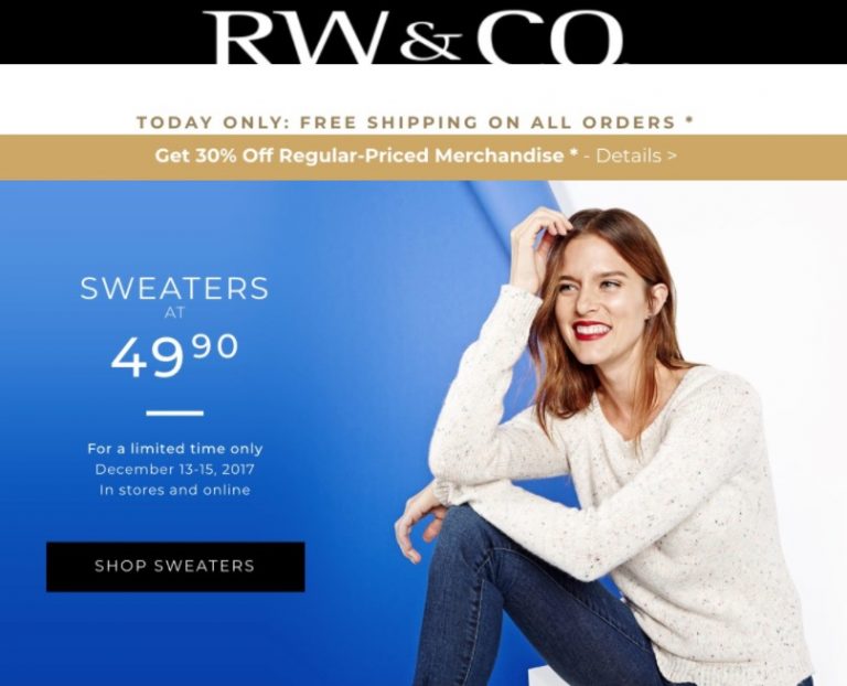 RW&CO. Canada Holiday Deals FREE Shipping on All Orders + Save 30 off