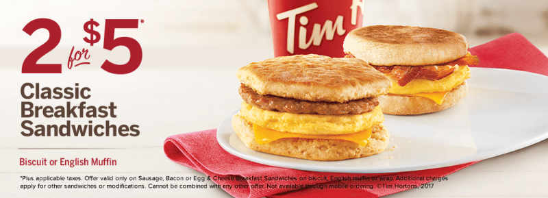 Tim Hortons Canada Promotions: 2 For $5 Classic Breakfast Sandwiches 