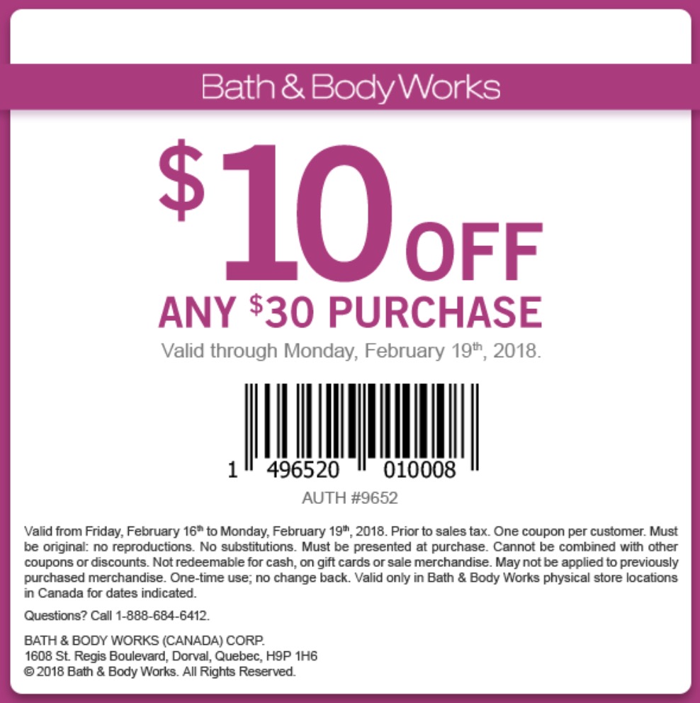 Bath & Body Works Canada Coupon + Deals: Save $10 of Any $30 Purchase
