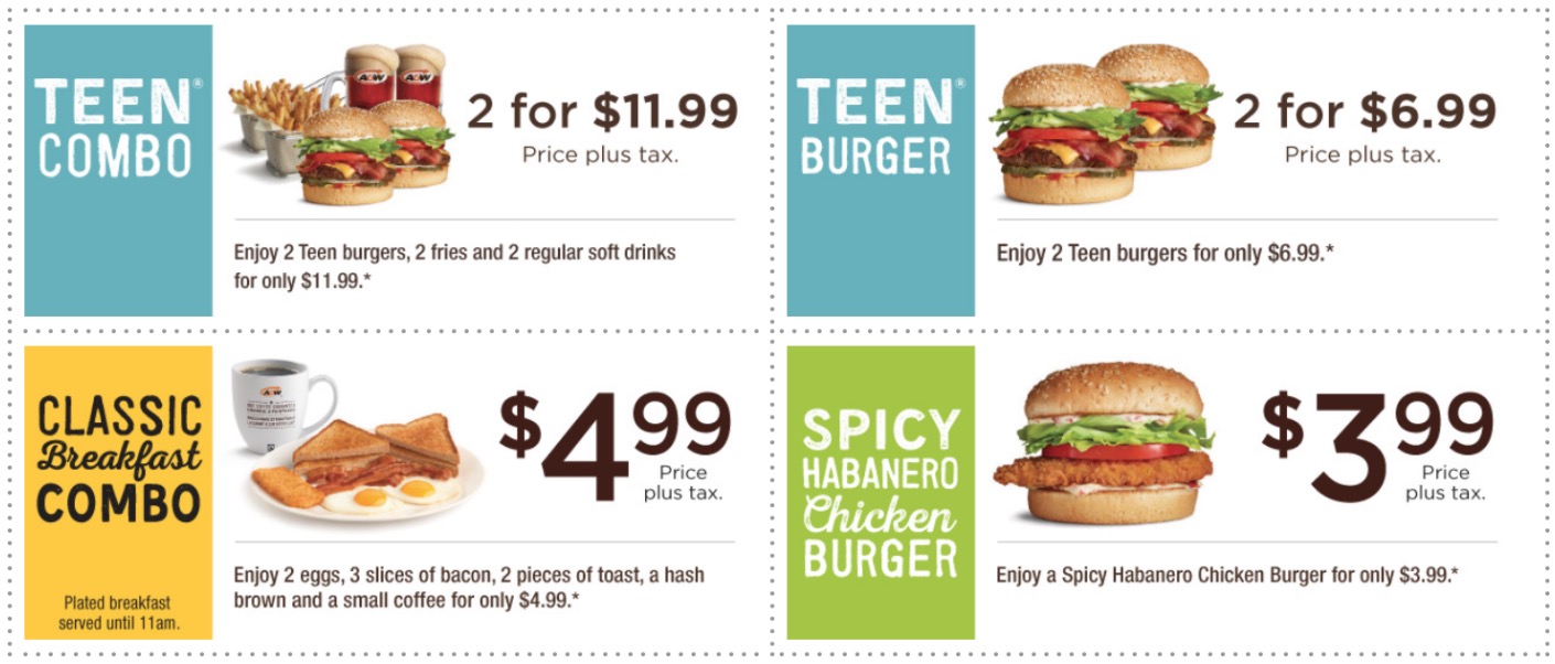 A&W Canada Coupons 2 for 11.99 Teen Combo, 4.99 Classic Breakfast
