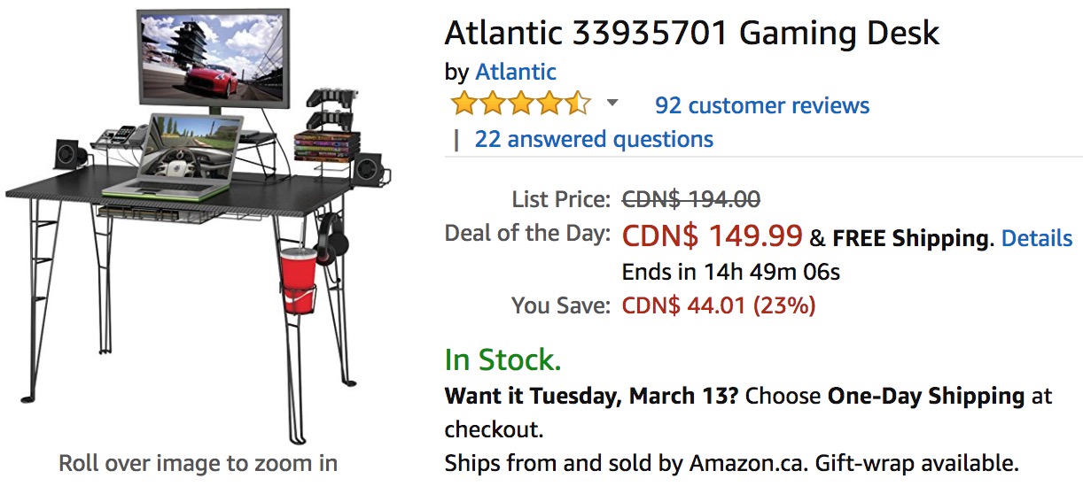Amazon Canada Deals Of The Day Save 23 On Atlantic Gaming Desk