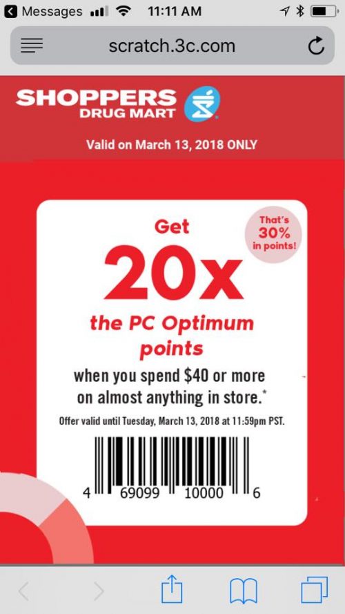Shoppers Drug Mart Canada Text Offers Get 20x The PC Optimum Points