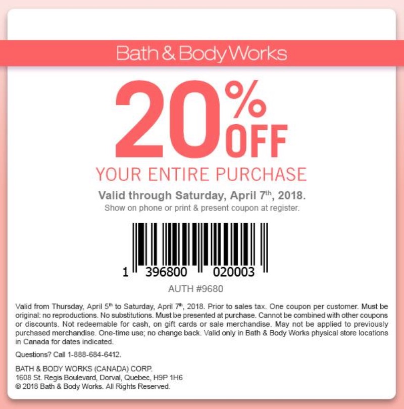 Bath & Body Works Canada Deals: Save 20% off your Entire Purchase with  Coupon - Canadian Freebies, Coupons, Deals, Bargains, Flyers, Contests  Canada Canadian Freebies, Coupons, Deals, Bargains, Flyers, Contests Canada