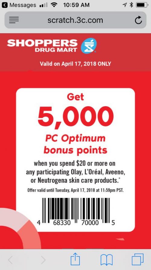 Shoppers Drug Mart Canada Text Offers Get 5000 PC Optimum Points When