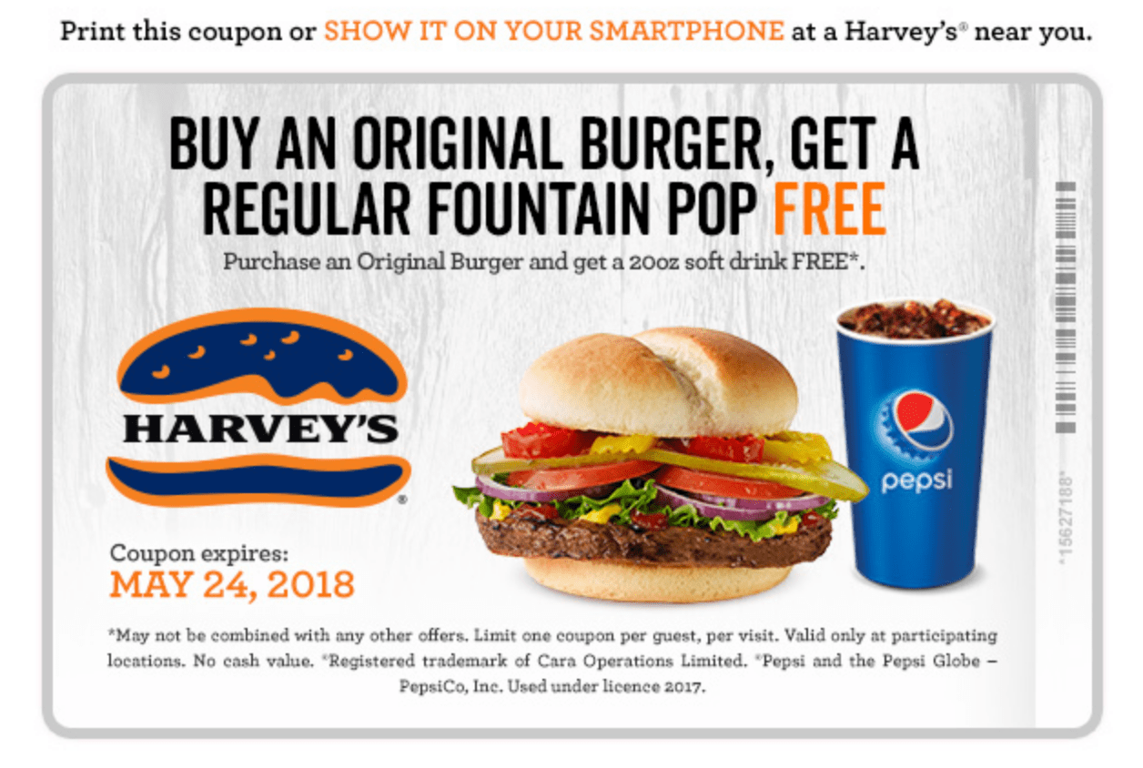 Harvey’s Restaurant Canada Coupons FREE Pop When You Buy Original