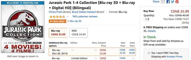 Amazon Canada Deals Of The Day: Save 35% Jurassic Park 1-4 Collection ...
