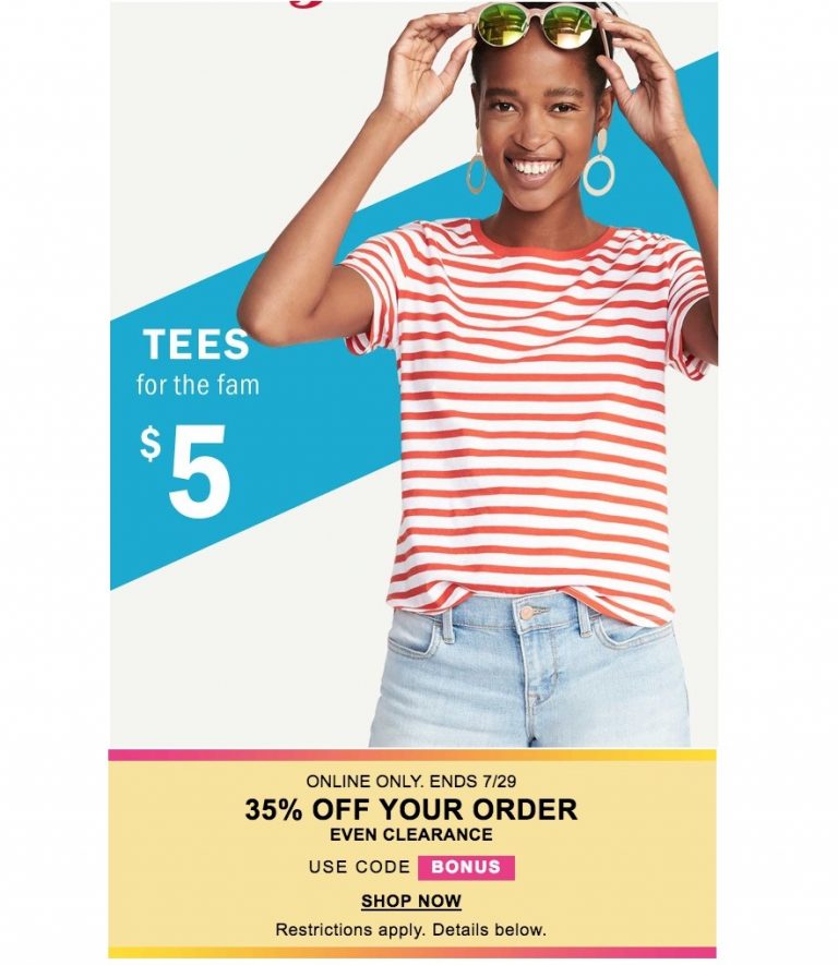 Old Navy Canada Today's Sale: $5 Tees + Extra 35% Off Your Online Order 