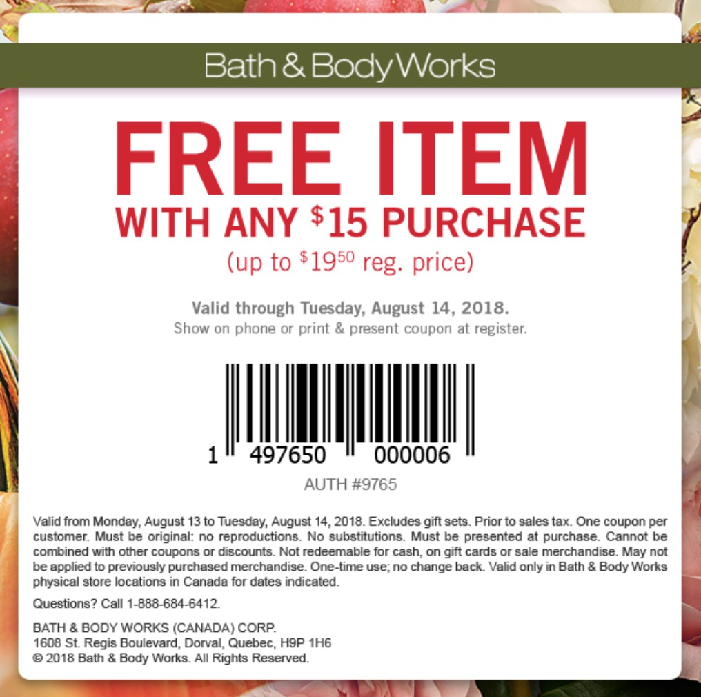 Bath & Body Works Canada Coupon: FREE Item ($19.50 Value) with Any $15