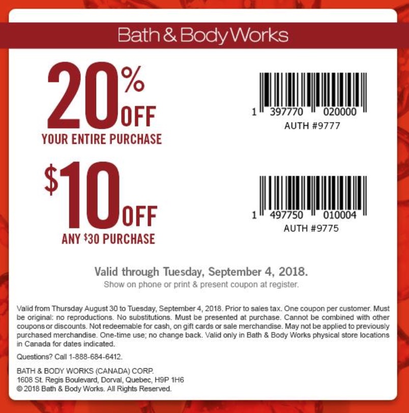 Bath Body Works Canada New Coupons: Save 20% Off Your Entire Purchase